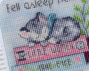 Sleeping cat bookmark easy counted cross stitch pattern, "Fell Asleep Here", modern design PDF