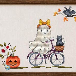 Ghost cross stitch pattern PDF, Halloween bicycle embroidery, black cat and pumpkin, cute spooky needlework