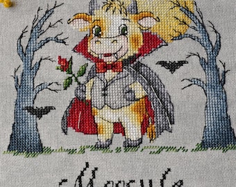 Funny vampire cow modern cross stitch pattern PDF, Halloween farm animal embroidery, dracula cow