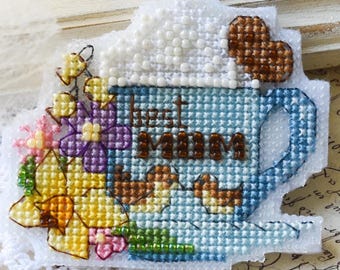 Mom cup cross stitch pattern, mother's day gift, beaded coffee design, easy modern embroidery, beginner DIY, instant PDF download