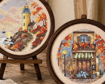 2 autumn cross stitch patterns bundle PDF, cozy cafe and lighthouse, fall landscape embroidery, coastal needlework set