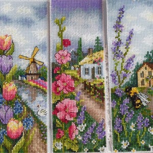 3 cross stitch bookmark patterns PDF bundle set, france holland ukraine, floral travel embroidery charts, lavender ,tulips, hollyhocks
