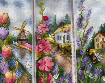 3 cross stitch bookmark patterns PDF bundle set, France Holland Ukraine, floral travel embroidery charts, lavender ,tulips, hollyhocks