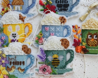 Mini Cup Cross Stitch Patterns Bundle, 7 Coffee Mug Designs, Seasonal Small Charts, Plastic Canvas PDF