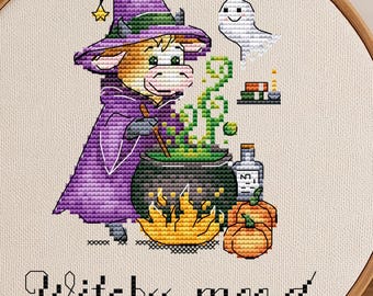 Cute Halloween cow witch cross stitch pattern PDF, modern funny not-so-spooky embroidery decor design