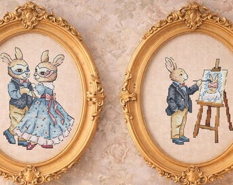 Regency romance rabbit cross stitch bundle PDF, victorian couple bunny portraits, cottagecore love set