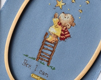 Cute Bear with Motivation words "Yes, I can" Cross Stitch Pattern. Instant download PDF. Bear touching stars in the night sky pursuing dream