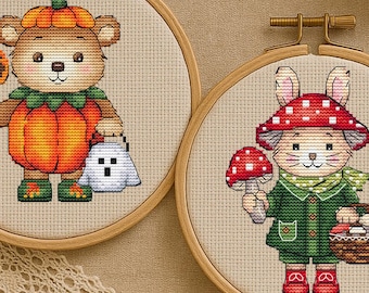 Forest autumn animals cross stitch pattern set, bunny and bear, cute fall woodland embroidery PDF