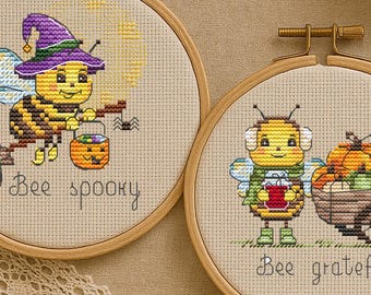 Autumn bee cross stitch pattern bundle, cozy Halloween and Thanksgiving PDF Set, fall embroidery design