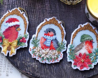 Winter birds. 3 in 1 cardinal, bullfinch, robin cross stitch pattern PDF, beaded and metallic thread ornaments, instant download
