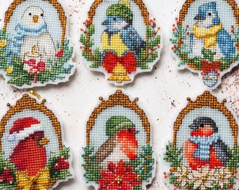 Winter birds. 6 in 1 cardinal, bullfinch, robin, blue joy, white pigeon, blue tit, beaded thread cross stitch ornament pattern PDF