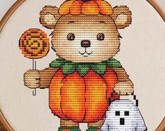 Cute pumpkin bear, cozy fall and Halloween cross stitch pattern PDF