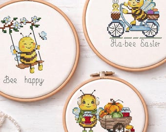 Bee cross stitch pattern bundle (3 designs), cute mini spring embroidery, instant download PDF, Be Happy, Be Grateful, Happy Easter
