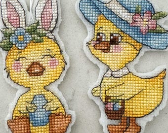 Mini Easter animal cross stitch 2 in 1 bundle, bunny chick and stylish duck patterns, cute spring PDF set