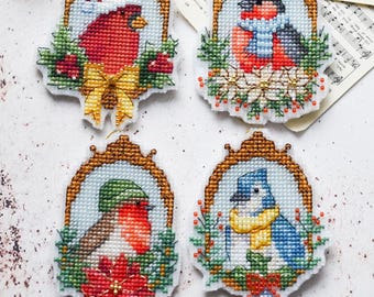 Winter birds. 4 in 1 cardinal, bullfinch, robin, blue joy cross stitch pattern PDF, beaded and metallic thread ornaments