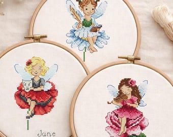 Summer flower fairy cross stitch pattern bundle, whimsical cottagecore embroidery PDF set, poppy daisy rose garden fairies