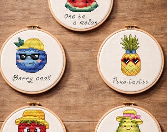 Mini kawaii fruit cross stitch bundle, 5 cute easy food patterns for beginners, small hoop embroidery PDF