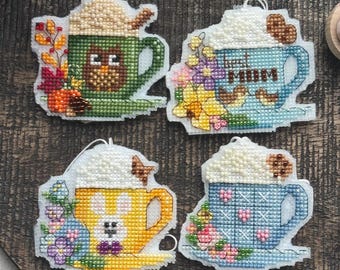 Mini coffee cup cross stitch bundle, 4 cute seasonal mug patterns with beads, mom, love, easter, autumn