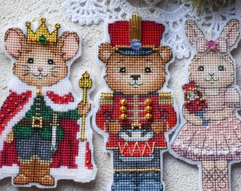 Forest masquerade. 3 in 1 Nutcracker cross stitch pattern PDF, Beaded and metallic thread Christmas ornaments, Bear, Bunny Clara, Mouse King