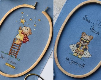 Motivational bear cross stitch pattern set, inspirational quote embroidery, "Yes I Can", "Believe in Yourself", instant download PDF