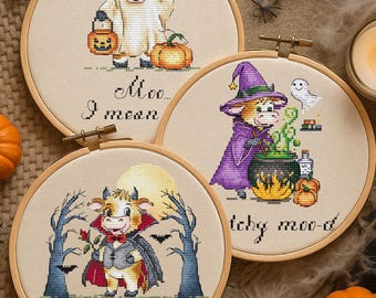 Halloween cow trio cross stitch pattern PDF, cute witch vampire ghost cows, funny farm animal decor