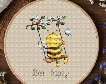 Patrón de punto de cruz "Abeja Feliz". Patrones de bordado modernos para descarga instantánea en PDF. ¡Sé feliz! Una adorable abeja en un columpio. Un regalo para una amiga.