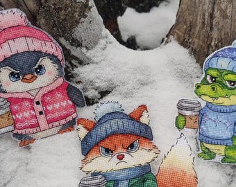 Funny animal cross stitch bundle PDF, crocodile, fox, and penguin, No talkie before coffee charts