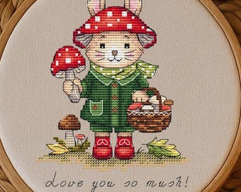 Cute autumn bunny cross stitch pattern PDF, cozy fall forest embroidery, woodland mushroom cross stitch, beginner friendly gift idea