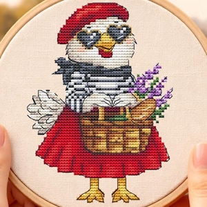 Paris chicken cross stitch pattern PDF, cute French chick with lavender basket, funny Parisian bird design