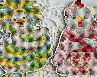 Funny chicken cross stitch pattern bundle PDF, Japan kimono chick and Brazil carnival bird, cute summer embroidery set