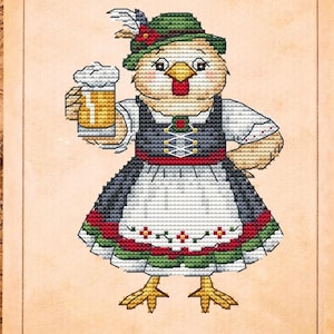 May include: Cross-stitch image of a chicken wearing a traditional German outfit, holding a beer stein. The chicken has a green hat with a feather and a red flower. The image is on a vintage-style paper with a map background.