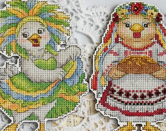 Travel chicken cross stitch pattern bundle PDF, Brazil carnival and Ukrainian folk costume chicks, cute world culture embroidery set