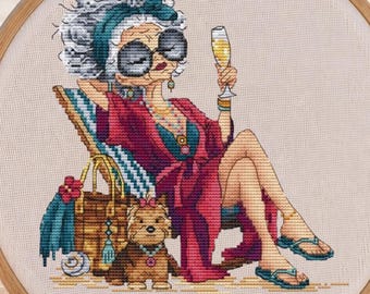 Dolce vita cross stitch pattern PDF, elegant lady with champagne and dog by the sea, summer vacation embroidery, Coastal Decor