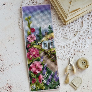 Ukraine cross stitch bookmark pattern PDF, ukrainian cottage embroidery, hollyhock flowers, folk landscape, travel bookmark chart