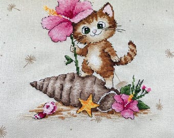 Tropical cat cross stitch pattern PDF, cute kitten embroidery design, hibiscus flower chart, beach summer animal decor, instant download