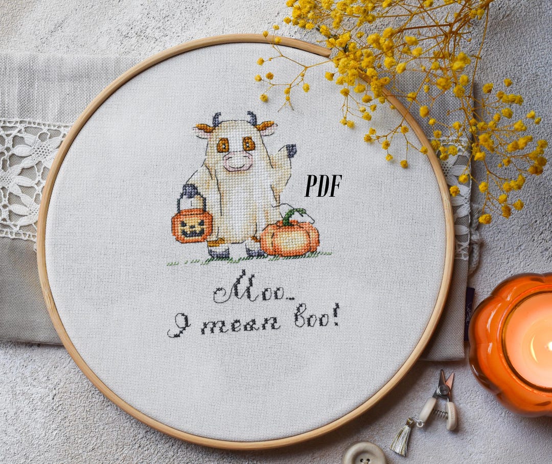 Cute Cow Ghost Cross Stitch Pattern, Funny Halloween Farm Animal ...