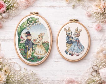 Victorian cottagecore bunny cross stitch bundle PDF, Romantic embroidery patterns, vintage romance and masquerade dance