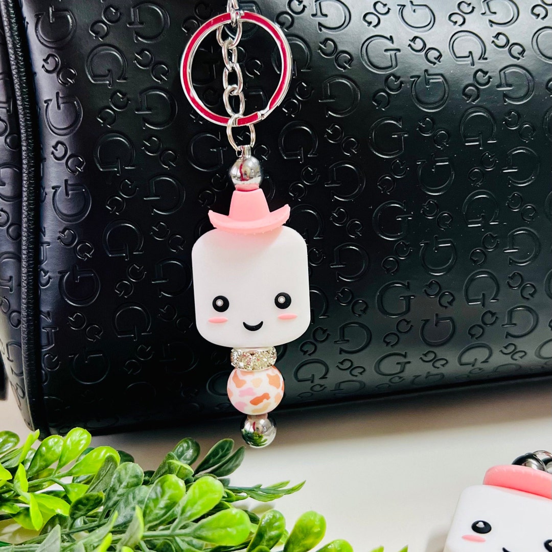 Marshmallow Keychain Trendy Happy Face Keychain Cow Print Etsy