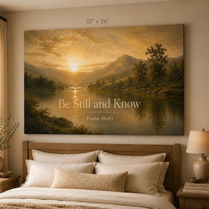 May include: A rectangular wall art canvas featuring a golden sunset over a calm lake surrounded by mountains and trees. The text "Be Still and Know" and "Psalm 46:10" is printed in the centre. The canvas dimensions are 81 cm by 61 cm.