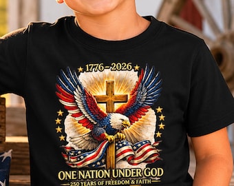 Kids Christian Patriotic Shirt, One Nation Under God Youth Comfort Colors Tee, 1776 2026 Freedom and Faith Eagle Shirt