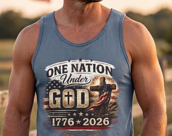 Eine Nation unter Gott 1776-2026 Tank Top, Vaterländisches christliches Grafik-T-Stück, Vintage amerikanische Flaggen-Kreuz-Hemd