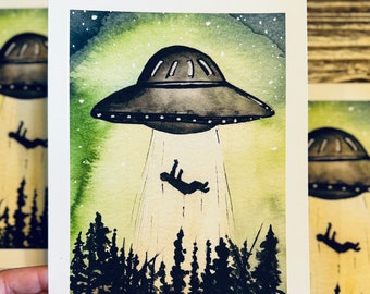 They Got Me Art Print, Alien Abduction Watercolor Art, Giclee Watercolor Art Prints, Original Art by Lori Brumfiel, Alien and UFO Artwork