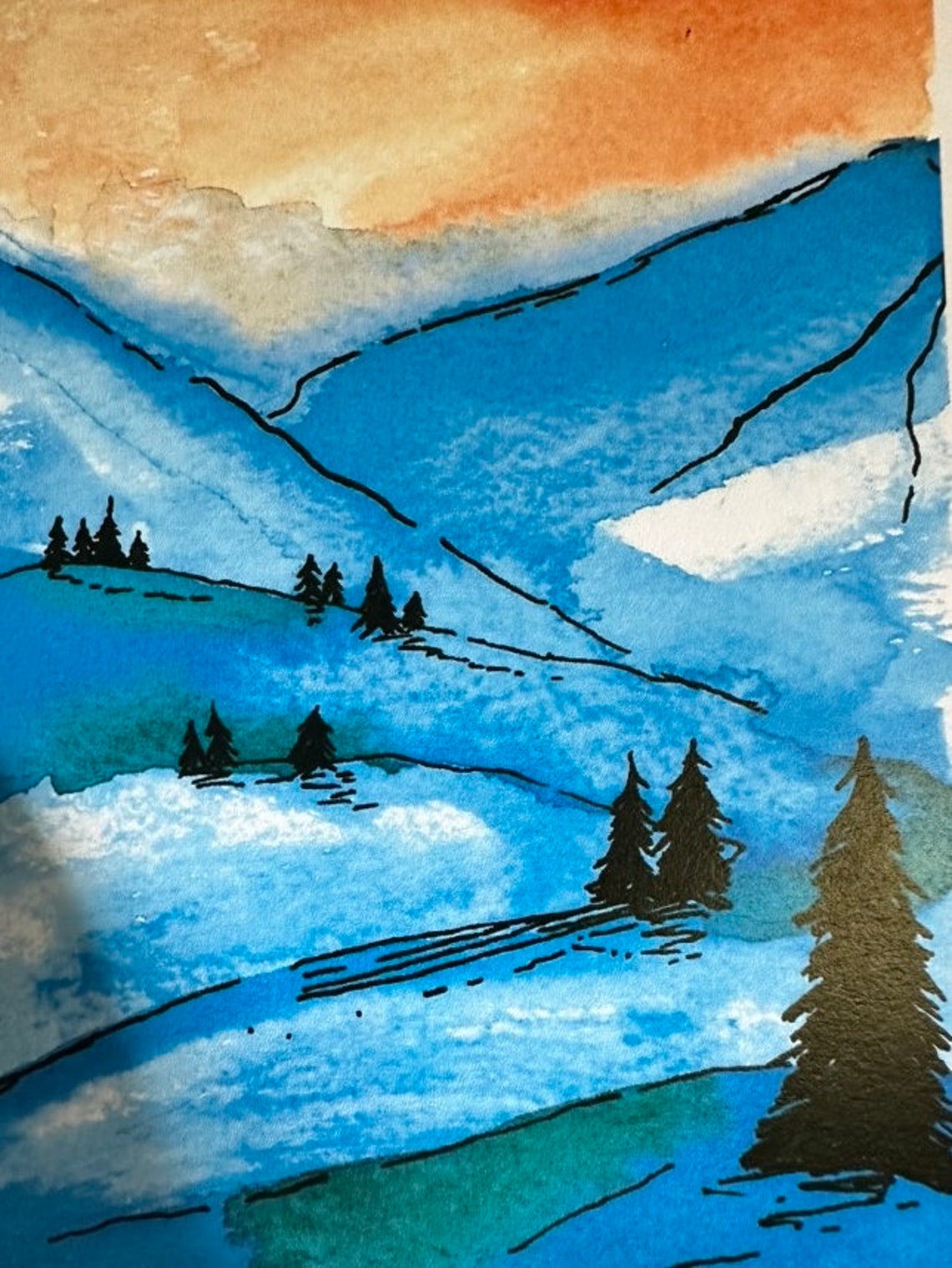 Sunset Mountains Watercolor Art Print Etsy