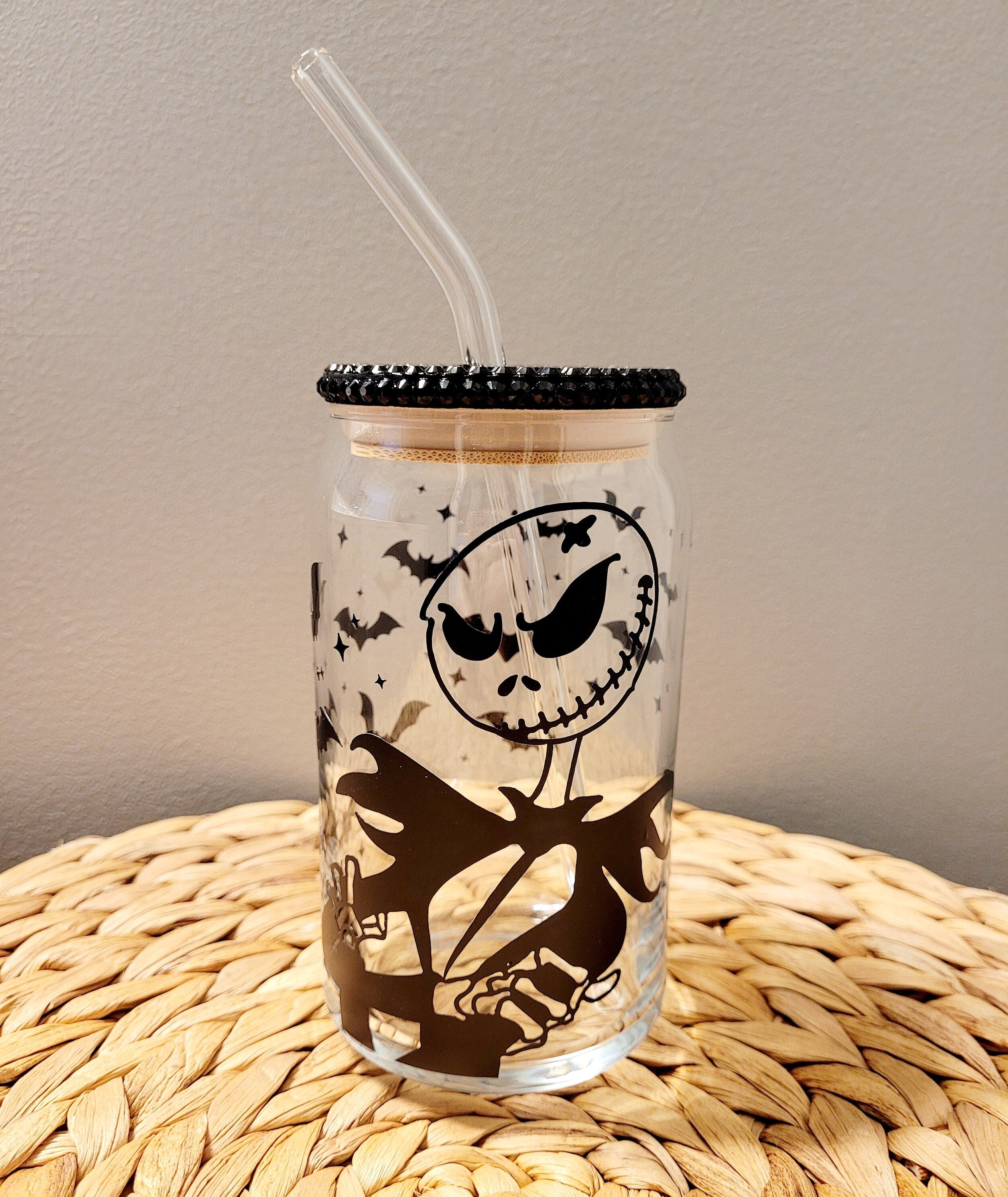 Nightmare before christmas glass can drinking glass bamboo lid and straw