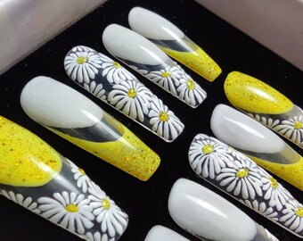 Chamomile Press On Nails: White, Yellow, and Floral French Tips