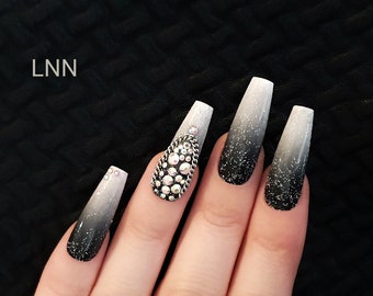 Black Ombre Press On Nails: Rhinestone Sparkle, Handpainted