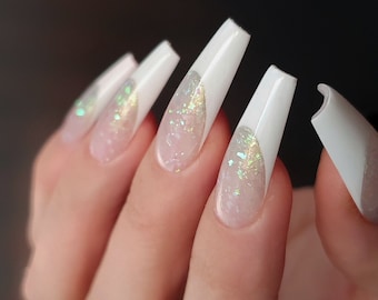 Handpainted White French Press On Nails: Bridal Wedding Nail Set
