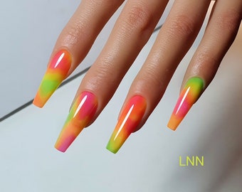 Spring colorful nails / Long Coffin press on nails / Summer vibes / Nails with bright colors / Gift for her / Abstract press on nails