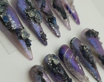 Handpainted Press on Nails Crystallized Nails Long Stiletto Press on Nails