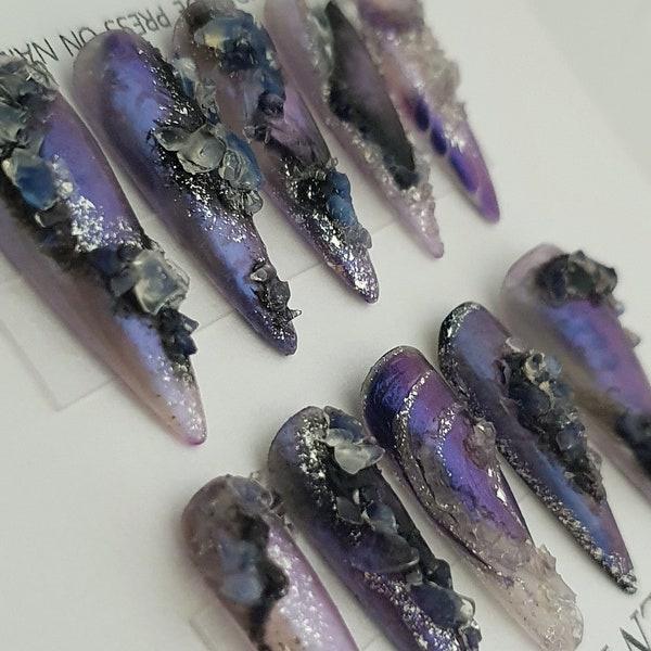 Handpainted Press on Nails Crystallized Nails Long Stiletto Press on Nails